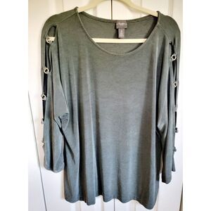 Chico's‎ Travelers 3 Olive Green LS Brass Ringlet Open Sleeve Top Blouse USA Vtg